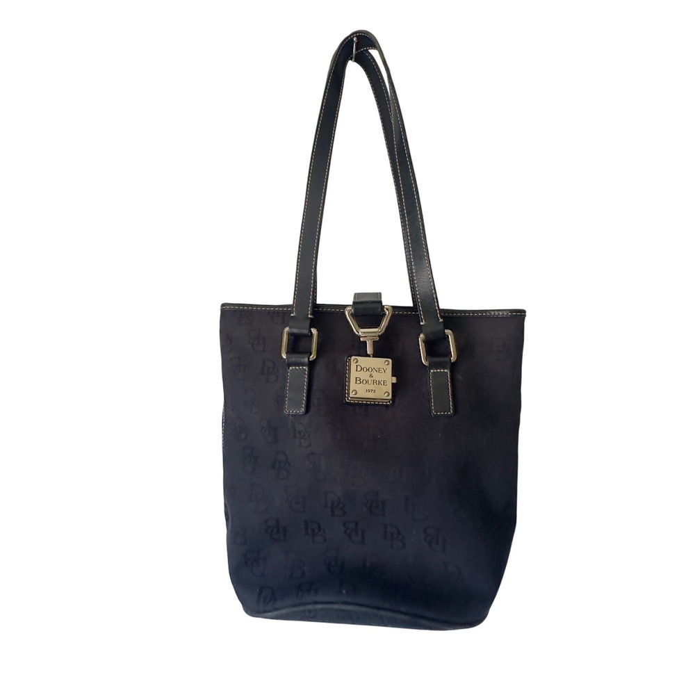 Dooney Bourke Black Signature Monogram Canvas Leather Trim Tote Bag